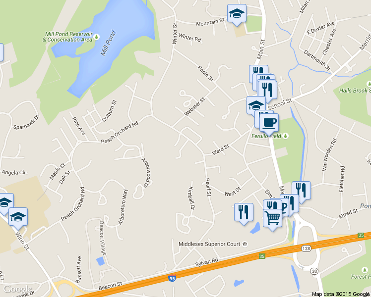 map of restaurants, bars, coffee shops, grocery stores, and more near 4A Bartlett Drive in Woburn