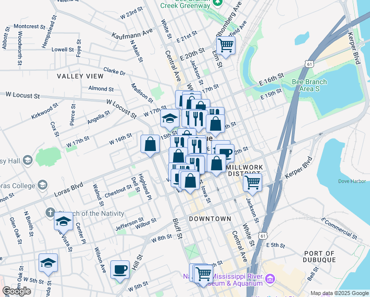 map of restaurants, bars, coffee shops, grocery stores, and more near 1348 Main Street in Dubuque