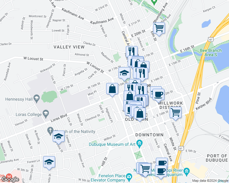 map of restaurants, bars, coffee shops, grocery stores, and more near 1439 Bluff Street in Dubuque