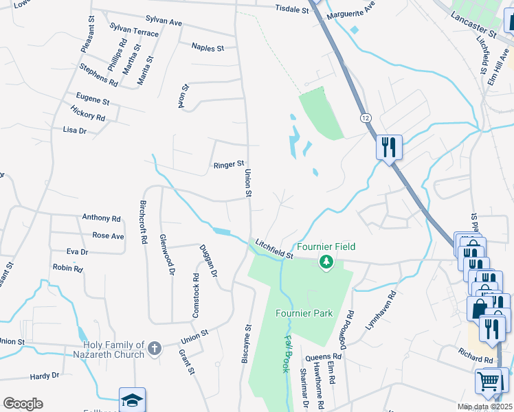 map of restaurants, bars, coffee shops, grocery stores, and more near 476 Union Street in Leominster