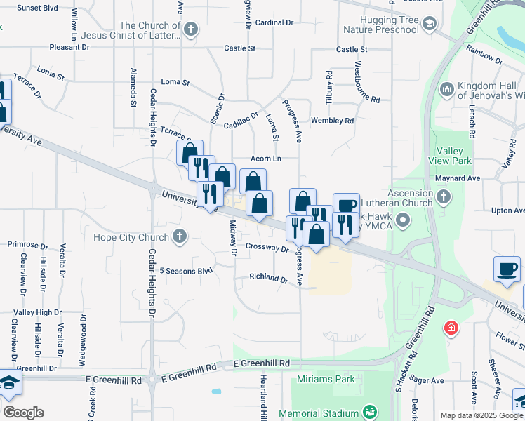 map of restaurants, bars, coffee shops, grocery stores, and more near 4014 University Avenue in Waterloo