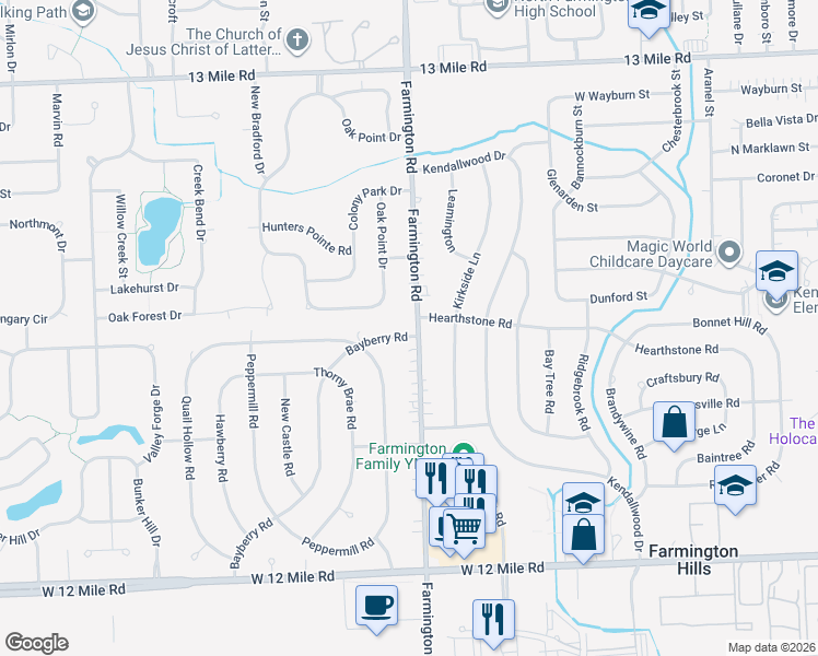 map of restaurants, bars, coffee shops, grocery stores, and more near 28491 Bayberry Road in Farmington Hills