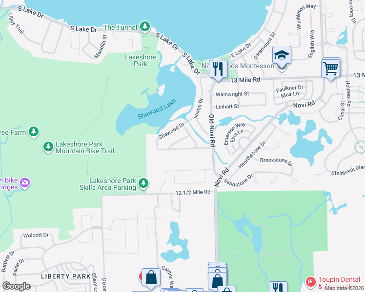 map of restaurants, bars, coffee shops, grocery stores, and more near 180 Pleasant Cove Drive in Novi