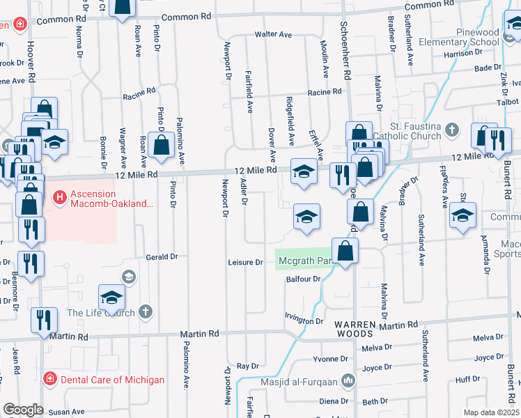 map of restaurants, bars, coffee shops, grocery stores, and more near 28712 Adler Drive in Warren