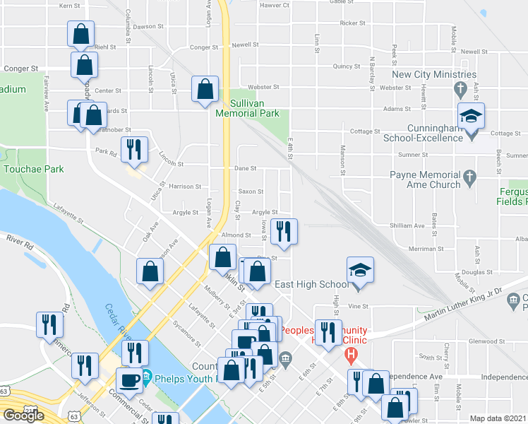 map of restaurants, bars, coffee shops, grocery stores, and more near 499 Argyle Street in Waterloo