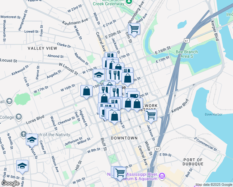 map of restaurants, bars, coffee shops, grocery stores, and more near in Dubuque