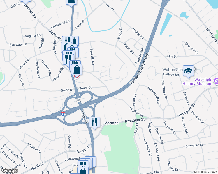 map of restaurants, bars, coffee shops, grocery stores, and more near 89 Hopkins Street in Wakefield