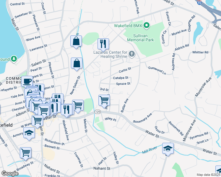 map of restaurants, bars, coffee shops, grocery stores, and more near 68 Preston Street in Wakefield