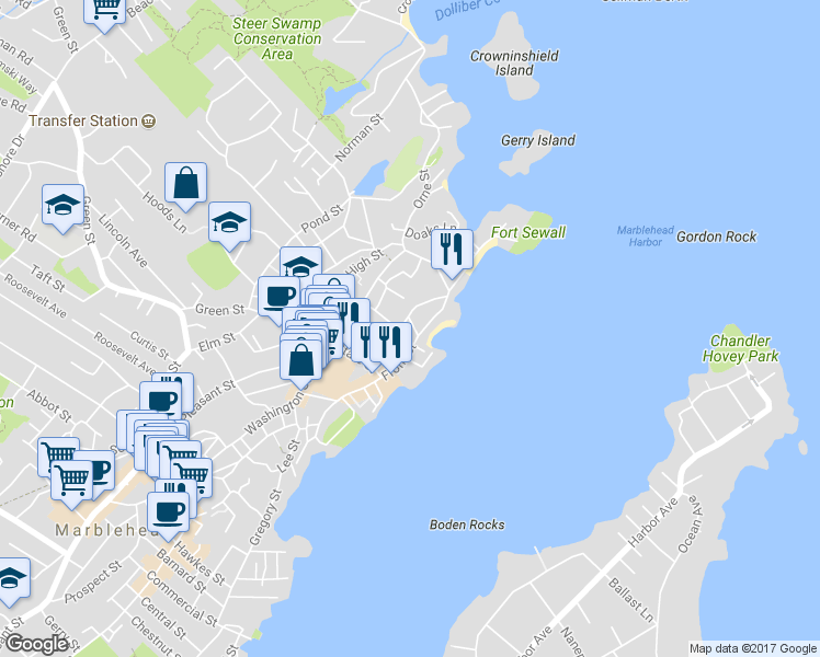 map of restaurants, bars, coffee shops, grocery stores, and more near 31 Circle Street in Marblehead