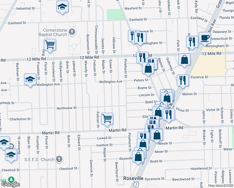map of restaurants, bars, coffee shops, grocery stores, and more near 28381 Hillview Street in Roseville