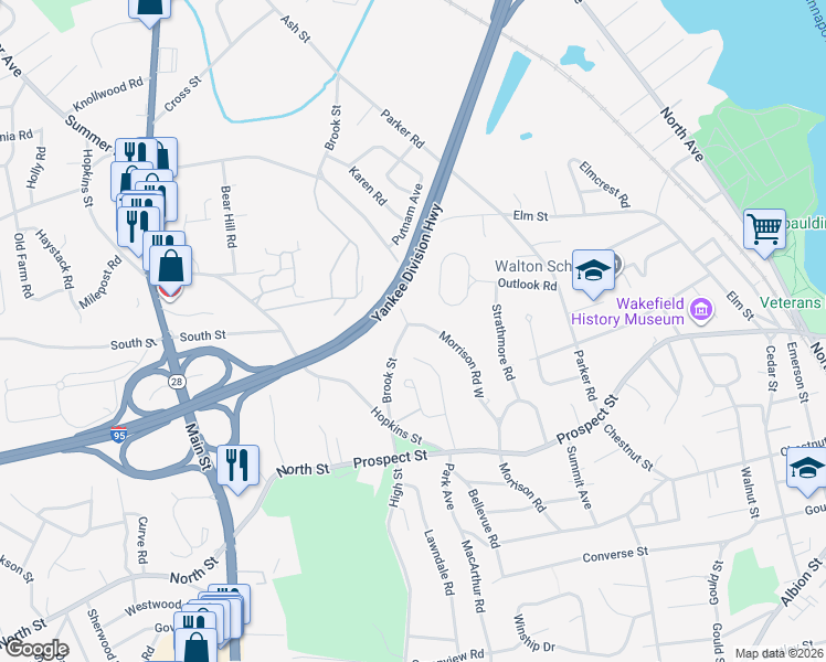 map of restaurants, bars, coffee shops, grocery stores, and more near 52 Brook Street in Wakefield