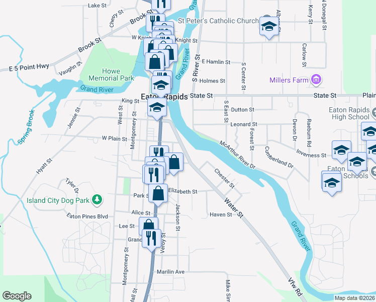 map of restaurants, bars, coffee shops, grocery stores, and more near 718 Water Street in Eaton Rapids