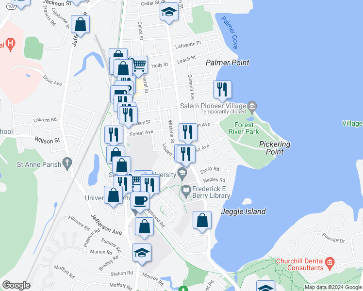 map of restaurants, bars, coffee shops, grocery stores, and more near 29 Wisteria Street in Salem