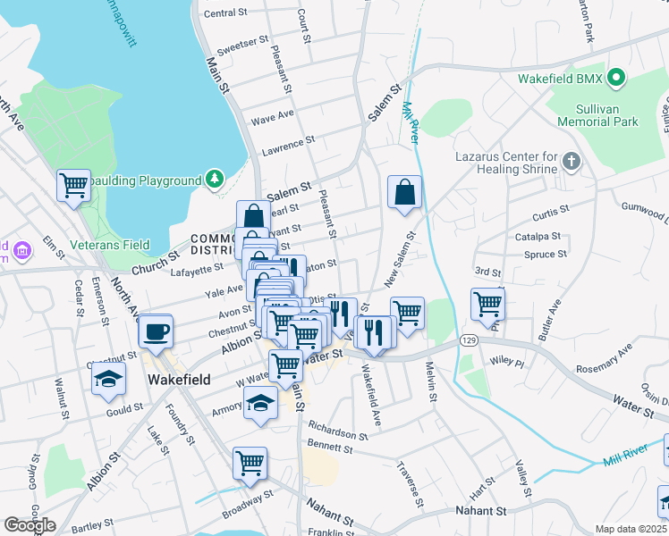 map of restaurants, bars, coffee shops, grocery stores, and more near 20 Pleasant Street in Wakefield
