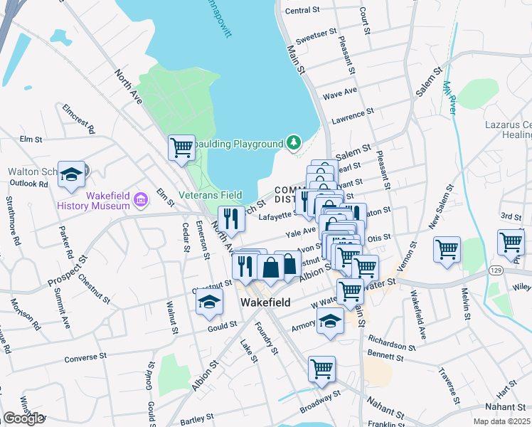 map of restaurants, bars, coffee shops, grocery stores, and more near 22 Lafayette Street in Wakefield