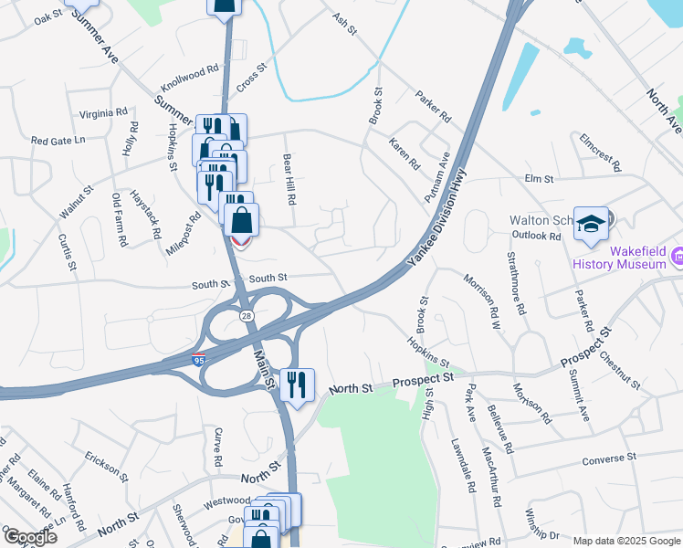 map of restaurants, bars, coffee shops, grocery stores, and more near in Wakefield
