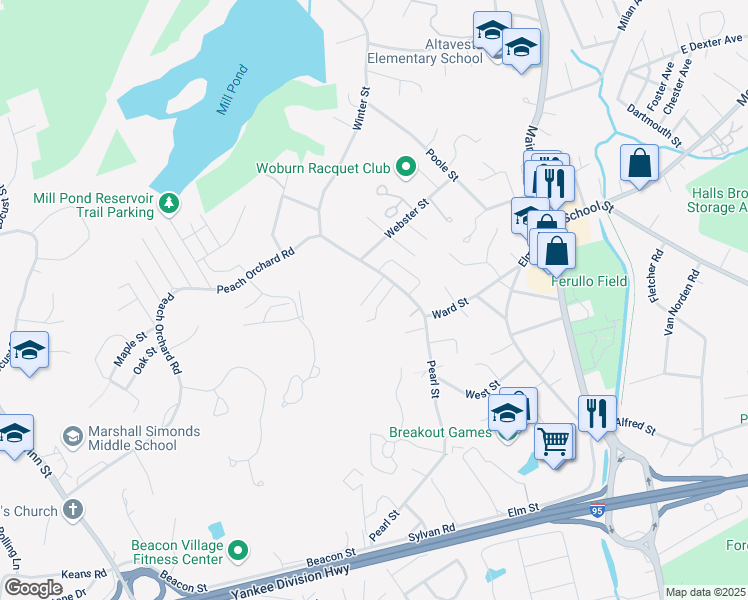 map of restaurants, bars, coffee shops, grocery stores, and more near 4A Bartlett Drive in Woburn