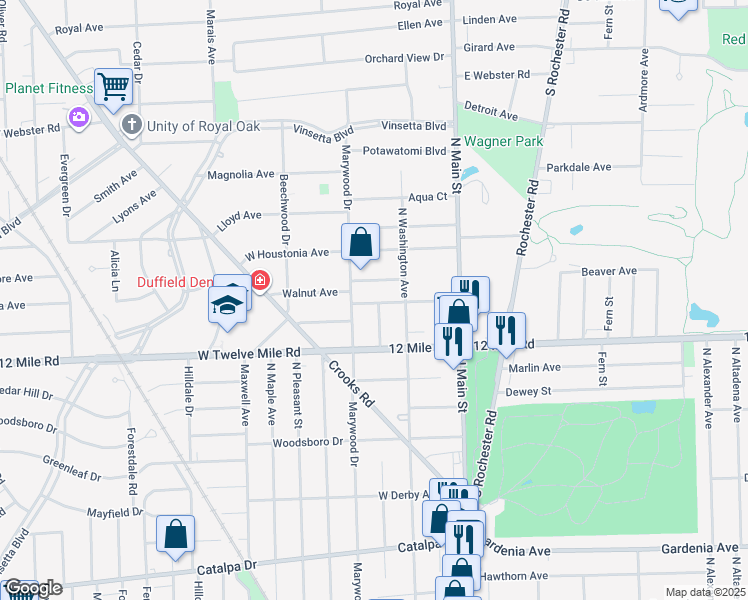 map of restaurants, bars, coffee shops, grocery stores, and more near 1840 North Lafayette Avenue in Royal Oak