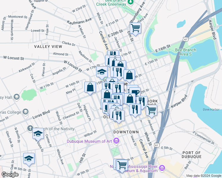 map of restaurants, bars, coffee shops, grocery stores, and more near 1348 Main Street in Dubuque