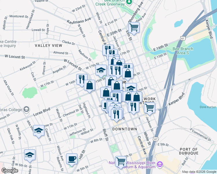 map of restaurants, bars, coffee shops, grocery stores, and more near 1348 Main Street in Dubuque