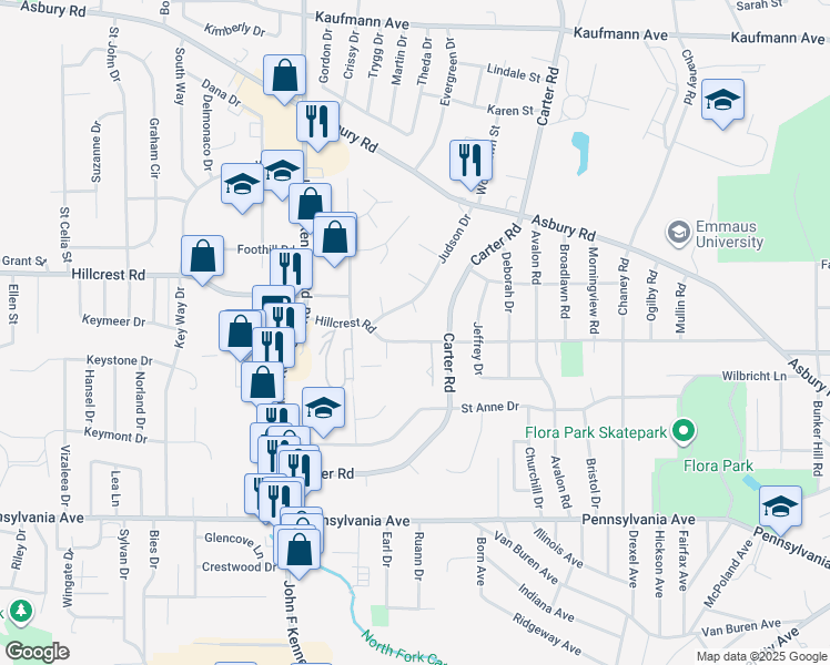 map of restaurants, bars, coffee shops, grocery stores, and more near 3101-3129 Hillcrest Road in Dubuque
