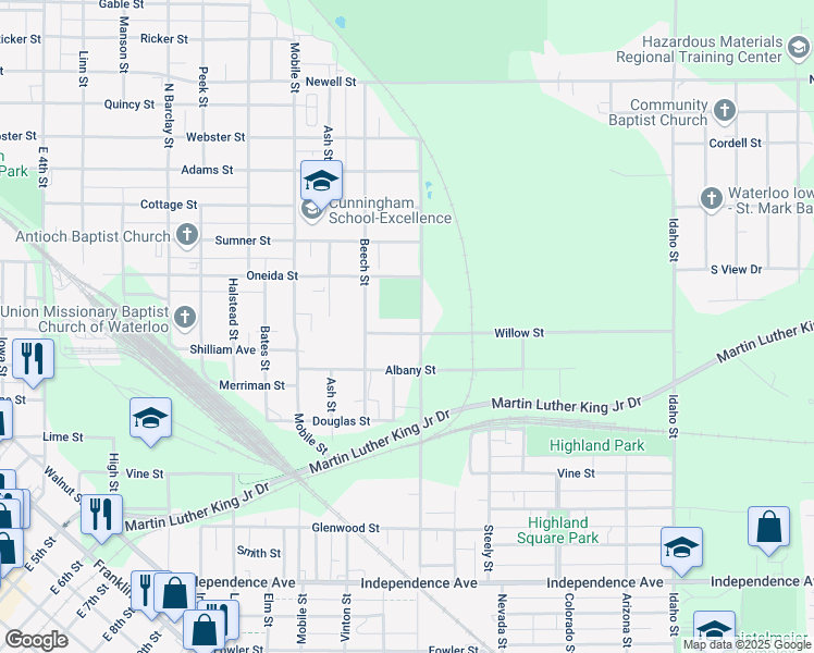 map of restaurants, bars, coffee shops, grocery stores, and more near 726 Willow Street in Waterloo