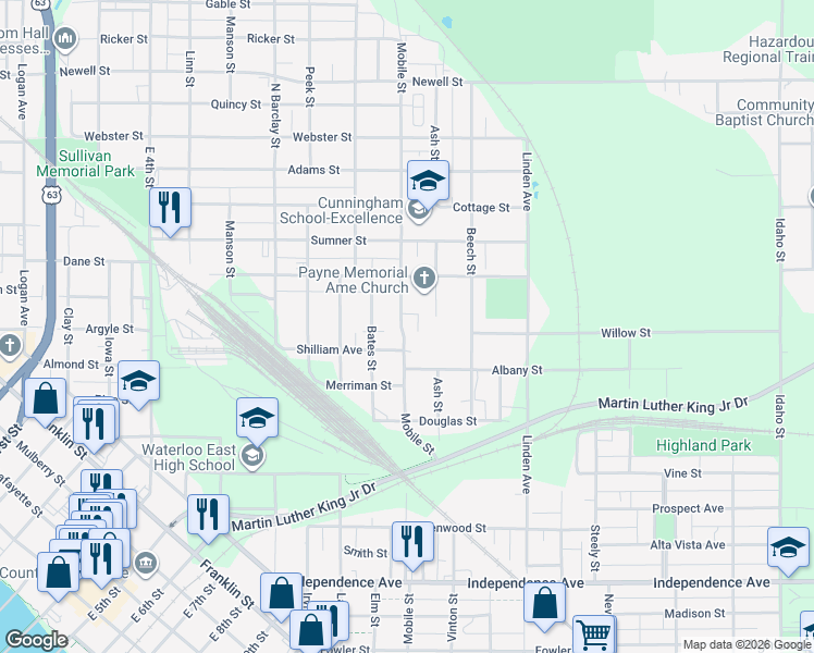 map of restaurants, bars, coffee shops, grocery stores, and more near 509 Shilliam Ave in Waterloo