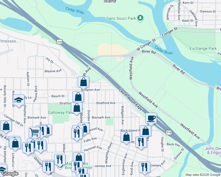 map of restaurants, bars, coffee shops, grocery stores, and more near 501 Evergreen Avenue in Waterloo