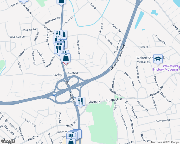 map of restaurants, bars, coffee shops, grocery stores, and more near in Wakefield