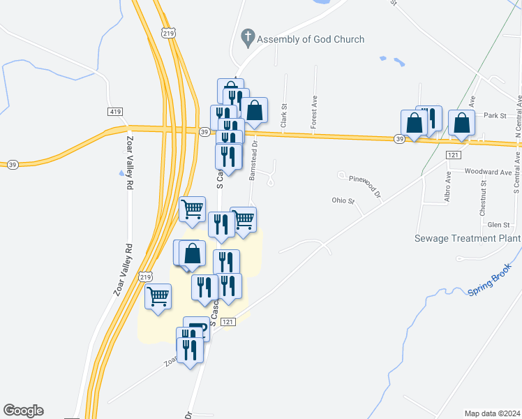map of restaurants, bars, coffee shops, grocery stores, and more near 164 Barnstead Drive in Springville