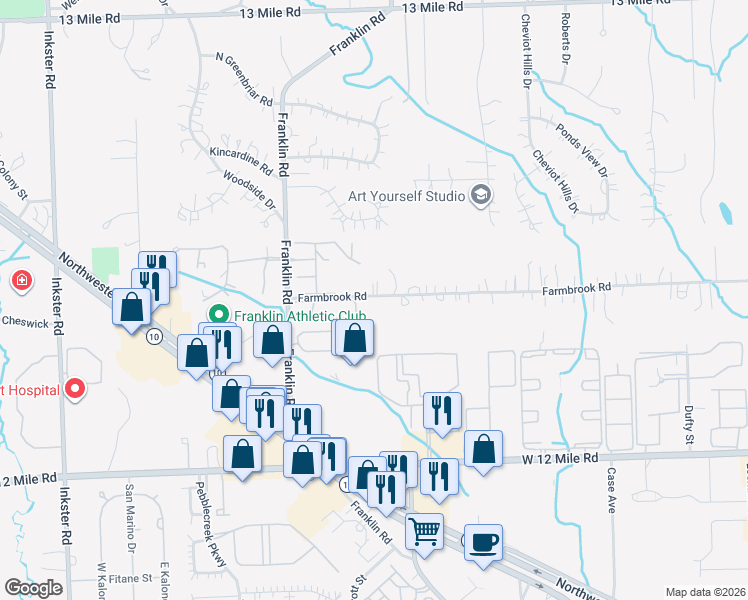 map of restaurants, bars, coffee shops, grocery stores, and more near 25965-26599 Farmbrook Road in Southfield