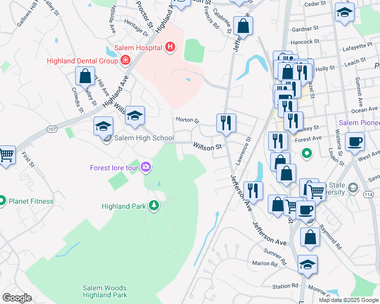 map of restaurants, bars, coffee shops, grocery stores, and more near 5 Laurier Road in Salem