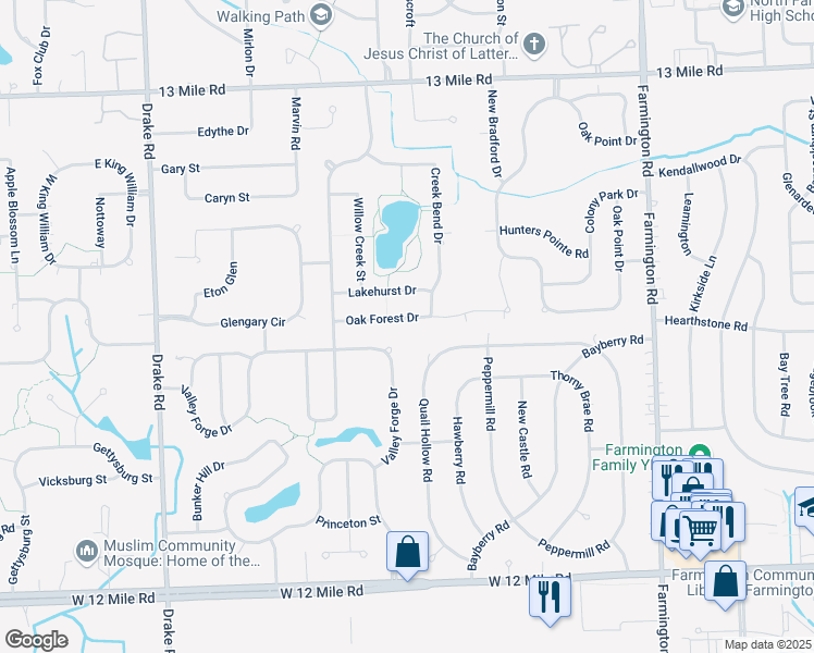 map of restaurants, bars, coffee shops, grocery stores, and more near 34365 Oak Forest Drive in Farmington Hills
