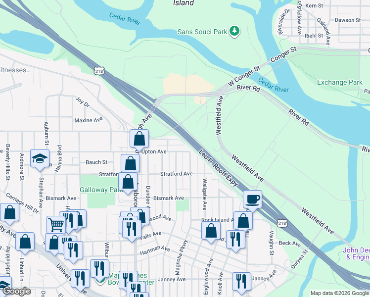 map of restaurants, bars, coffee shops, grocery stores, and more near 501 Evergreen Avenue in Waterloo