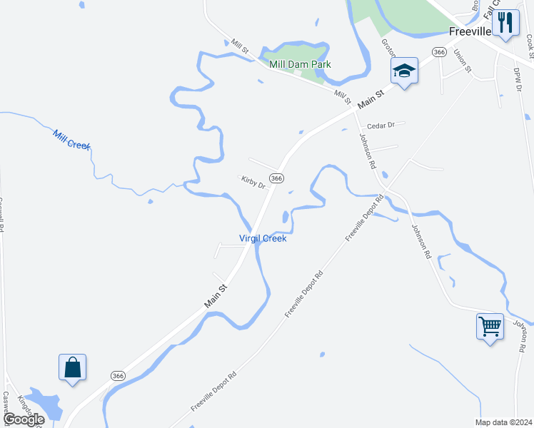 map of restaurants, bars, coffee shops, grocery stores, and more near 163 Main Street in Freeville