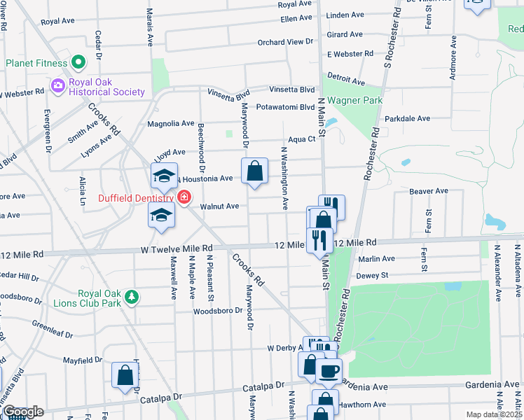 map of restaurants, bars, coffee shops, grocery stores, and more near 406 Mary Avenue in Royal Oak