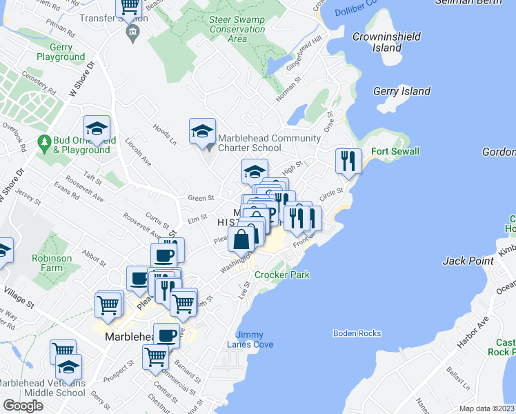 map of restaurants, bars, coffee shops, grocery stores, and more near 3 Pleasant Street in Marblehead