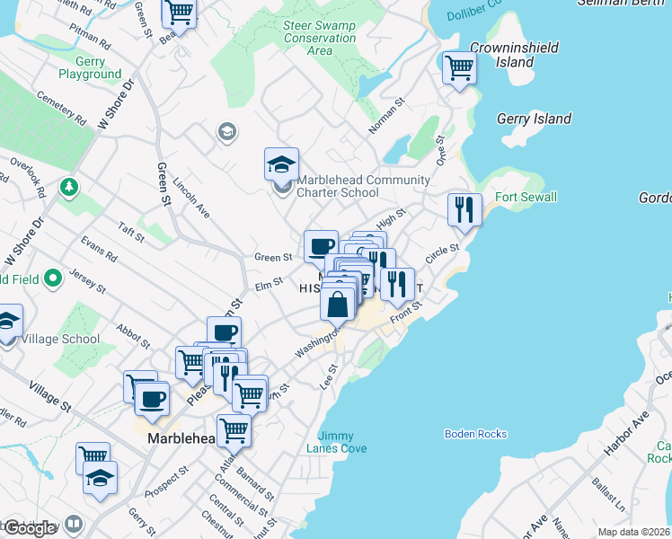 map of restaurants, bars, coffee shops, grocery stores, and more near 28 Harris Street in Marblehead