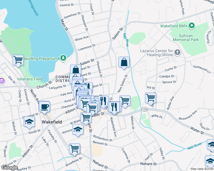 map of restaurants, bars, coffee shops, grocery stores, and more near 20 Pleasant Street in Wakefield