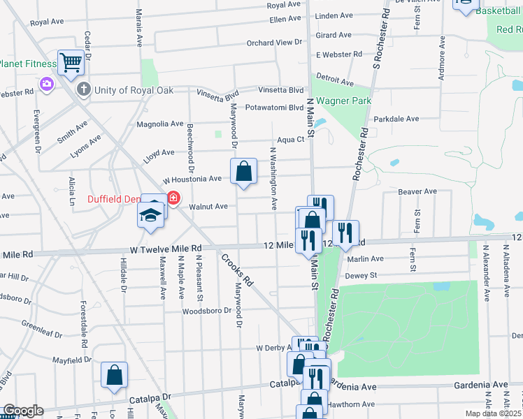map of restaurants, bars, coffee shops, grocery stores, and more near 1840 North Lafayette Avenue in Royal Oak
