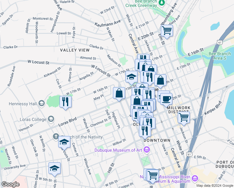 map of restaurants, bars, coffee shops, grocery stores, and more near 1439 Bluff Street in Dubuque