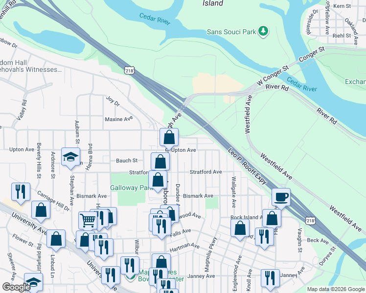 map of restaurants, bars, coffee shops, grocery stores, and more near 502 Dundee Avenue in Waterloo