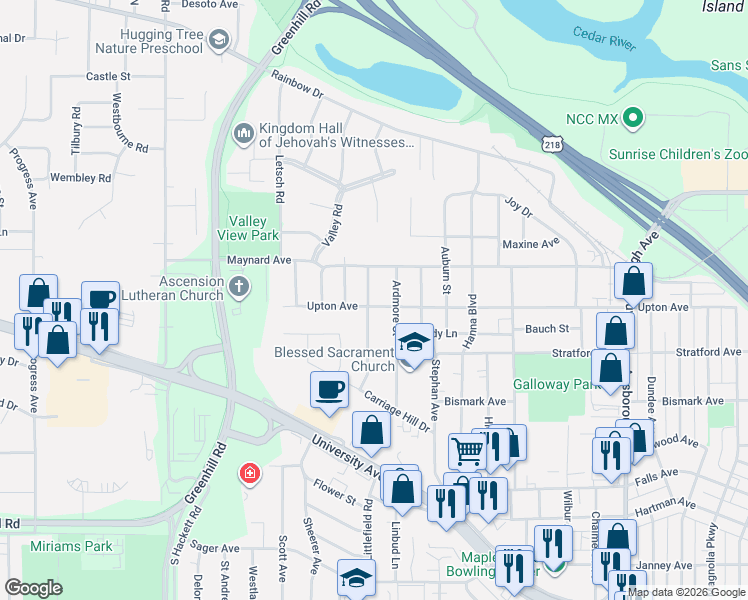 map of restaurants, bars, coffee shops, grocery stores, and more near 514 Beverly Hills Street in Waterloo