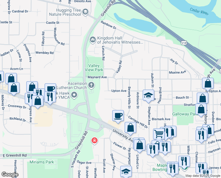 map of restaurants, bars, coffee shops, grocery stores, and more near 2015 Upton Avenue in Waterloo