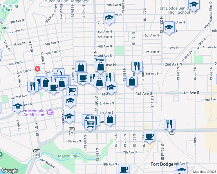 map of restaurants, bars, coffee shops, grocery stores, and more near 1608 1st Ave S in Fort Dodge