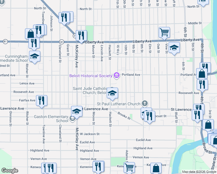 map of restaurants, bars, coffee shops, grocery stores, and more near 816 Hackett Street in Beloit