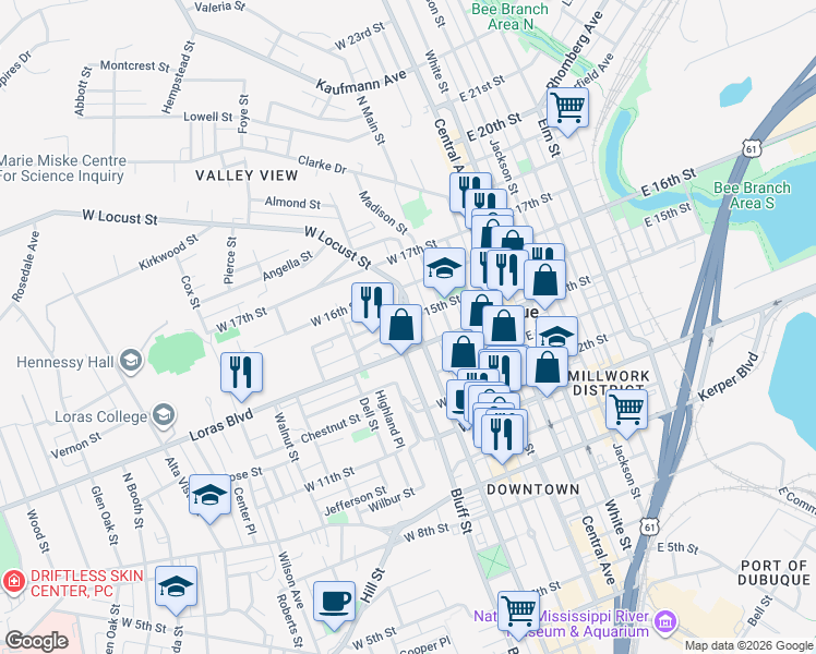 map of restaurants, bars, coffee shops, grocery stores, and more near 1439 Bluff Street in Dubuque