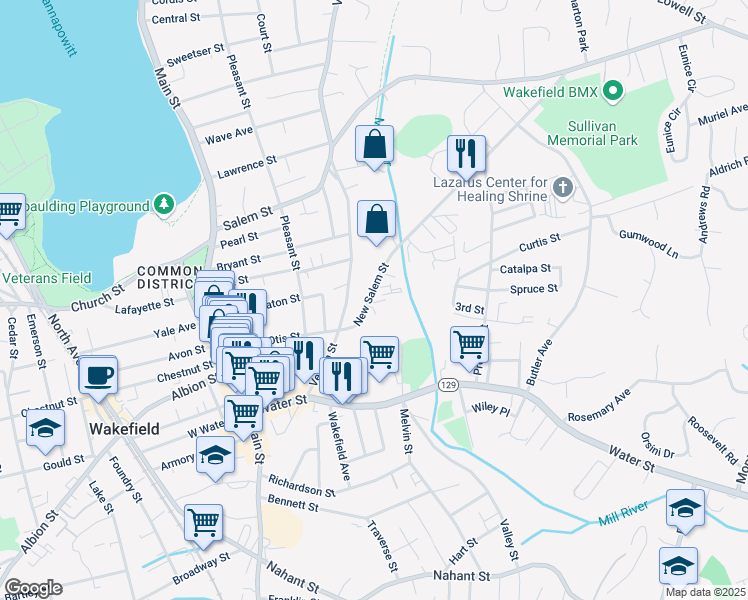 map of restaurants, bars, coffee shops, grocery stores, and more near 9R New Salem Street in Wakefield