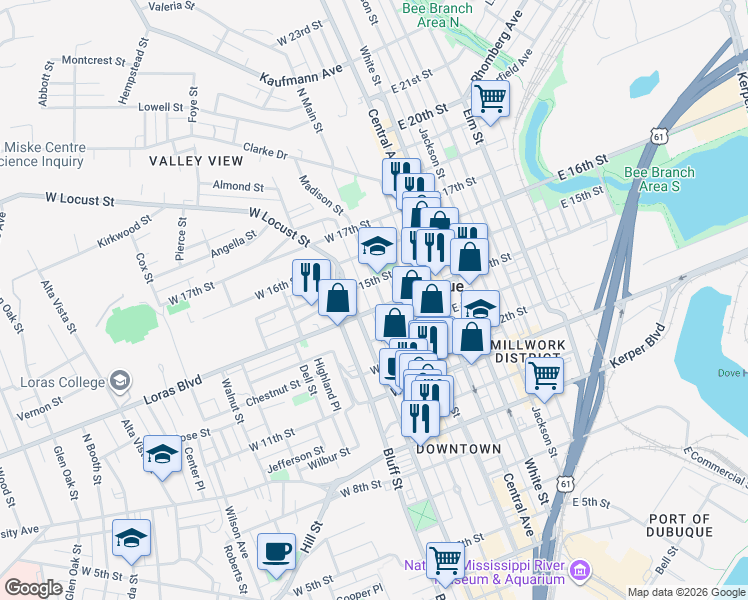 map of restaurants, bars, coffee shops, grocery stores, and more near 1394 Locust Street in Dubuque