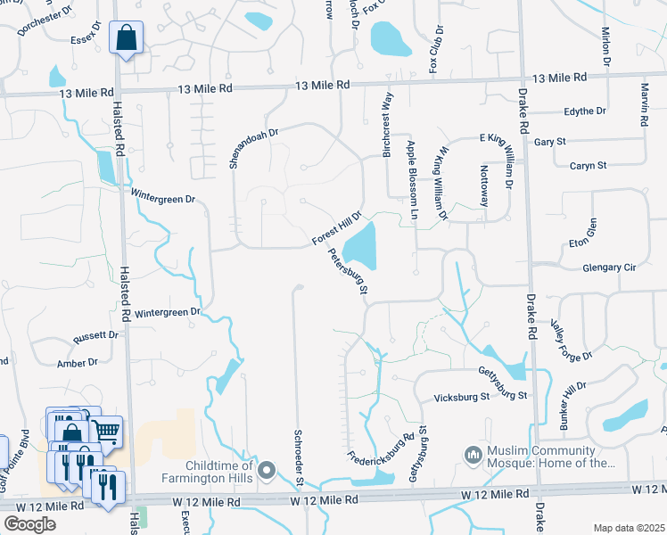 map of restaurants, bars, coffee shops, grocery stores, and more near 28769 Petersburg Street in Farmington Hills